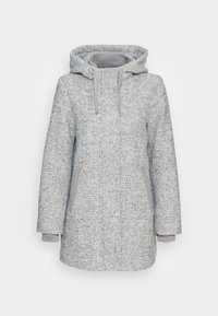 Szary płaszcz w jodełkę z kapturem, z szarymi akcentami i bocznymi kieszeniami, wykonany z teksturowanej tkaniny o luźnym kroju.