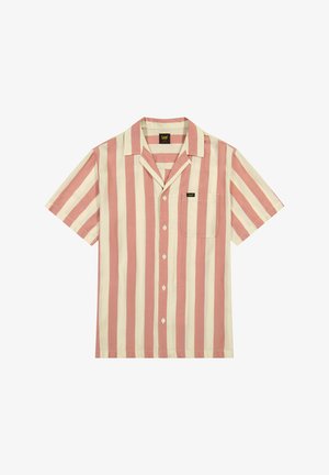 Kortærmet skjorte i lys pink og cremefarvede vertikale striber, med en brystlomme og knaplukning foran, lavet af let stof.