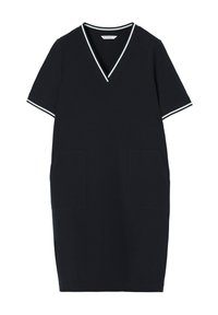 Robe en coton marine à manches courtes, décolleté en V, avec des bordures blanches sur les manches et le col, et deux poches avant. Conception simple à coupe droite.