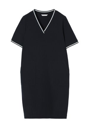 Marineblaue Baumwollkleid mit kurzen Ärmeln, V-Ausschnitt, weißem Besatz an Ärmeln und Ausschnitt sowie zwei vorderen Taschen. Schlichtes, gerade geschnittenes Design.