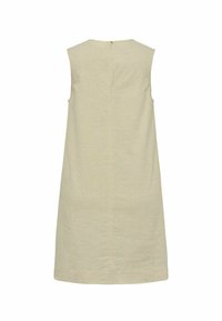 Beige ärmelloses Kleid mit geradem Schnitt, mit einem Reißverschluss auf der Rückseite und einem einfachen, strukturierten Stoff. Keine sichtbaren Muster oder Akzente.