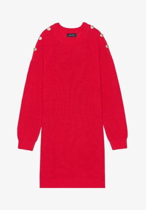 Rotes gestricktes Sweaterkleid mit langen Ärmeln, gerippten Bündchen und Schulterknöpfen. Es hat einen runden Ausschnitt und einen entspannten Schnitt.