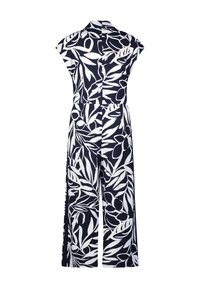 Jumpsuit navy con motivo a foglie bianche, maniche corte, colletto e vita stretta. Taglio a gamba ampia senza chiusure visibili o tasche.