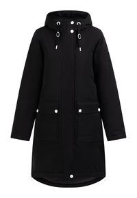 Sort vandtæt parka jakke med hætte, der har hvide trykknapper og to frontlommer. Glat tekstur, knælængde design.