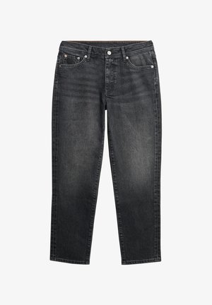 Dark gray denim jeans with a straight fit, five pockets, and copper-button hardware. Features subtle fading and stitched detailing along the seams.