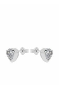 Hjärformade stiftörhängen i silvermetall, med klara cubic zirconia-stenar, polerad yta och säker bakdel för användning.