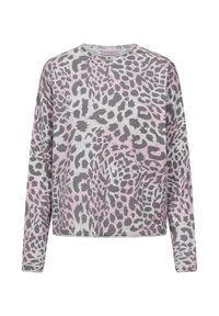 Roze en grijze luipaardprint lange mouwen sweatshirt, met een ronde halslijn en een iets verkorte onderkant, gemaakt van zachte stof.