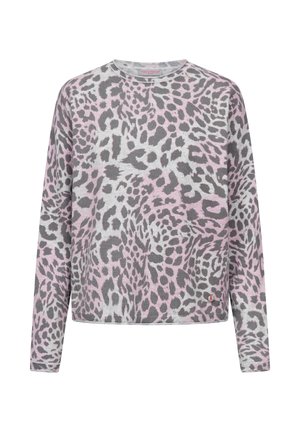 Roze en grijze luipaardprint lange mouwen sweatshirt, met een ronde halslijn en een iets verkorte onderkant, gemaakt van zachte stof.