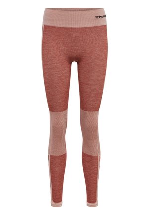 Czerwone i jasnoróżowe dopasowane legginsy z teksturowanymi panelami i żeberkowym pasem, wykonane z elastycznego materiału, idealne na odzież sportową.