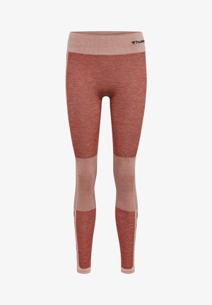 Czerwone i jasnoróżowe dopasowane legginsy z teksturowanymi panelami i żeberkowym pasem, wykonane z elastycznego materiału, idealne na odzież sportową.