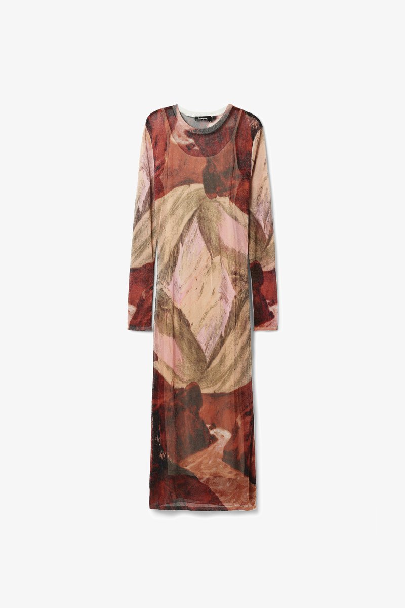 Long-sleeve dress with a textured fabric featuring an abstract pattern in earthy tones of red, pink, and green, rounded neckline.