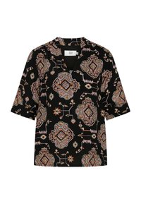Top corto nero a maniche corte con scollo a V, impreziosito da intricati motivi geometrici e floreali multicolori su tutta la stoffa.