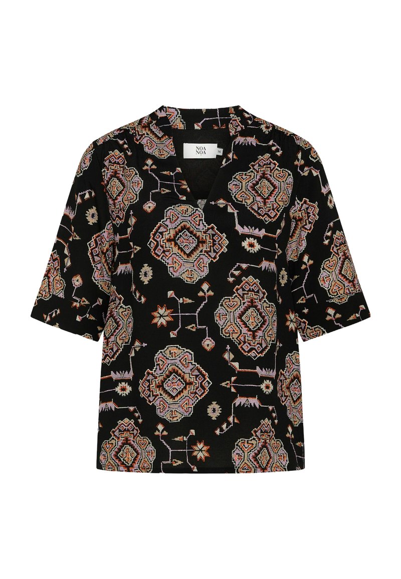 Top corto nero a maniche corte con scollo a V, impreziosito da intricati motivi geometrici e floreali multicolori su tutta la stoffa.