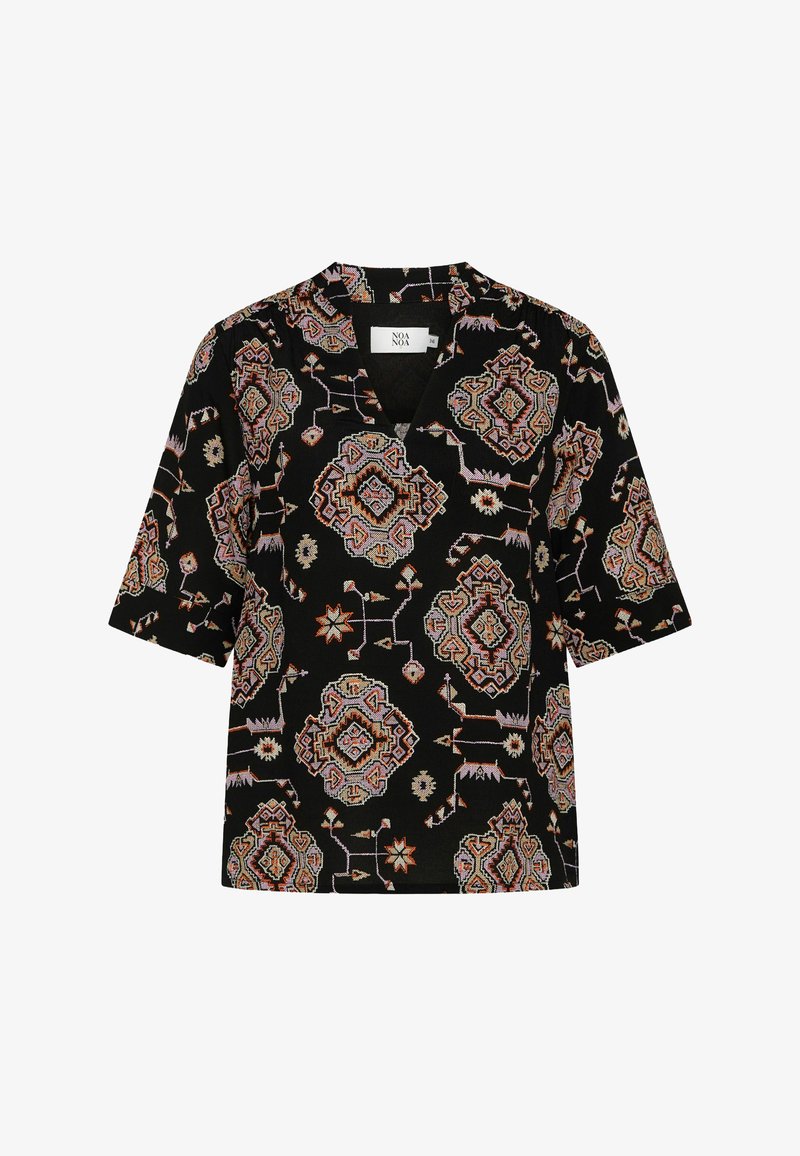 Top corto nero a maniche corte con scollo a V, impreziosito da intricati motivi geometrici e floreali multicolori su tutta la stoffa.