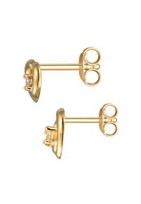 Guldtonede stud øreringe med en kuppelformet design, prydet med en klar ædelsten i midten og en post-back lukning med runde løkker.