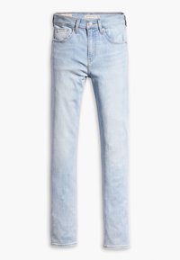 Jeans de mezclilla azul claro con corte slim, cinco bolsillos, diseño de pierna recta y un desvanecimiento notable. Cuenta con un cierre de botón y trabillas para el cinturón.