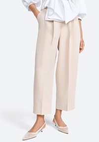 Light beige wide-leg trousers with pleats, smooth texture, paired with white mesh slingback shoes featuring a low heel.
