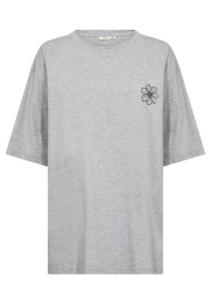 Graues, übergroßes T-Shirt mit kurzen Ärmeln. Verfügt über eine kleine schwarze gestickte Blume auf der linken Brustseite. Aus einem weichen Baumwoll-Mix gefertigt.