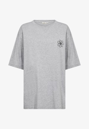 Graues, übergroßes T-Shirt mit kurzen Ärmeln. Verfügt über eine kleine schwarze gestickte Blume auf der linken Brustseite. Aus einem weichen Baumwoll-Mix gefertigt.