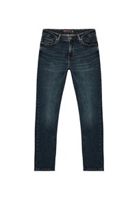 Jeans de mezclilla azul oscuro con un corte ajustado. Incluye cinco bolsillos, un cierre de botón y un ligero desgaste en las piernas.