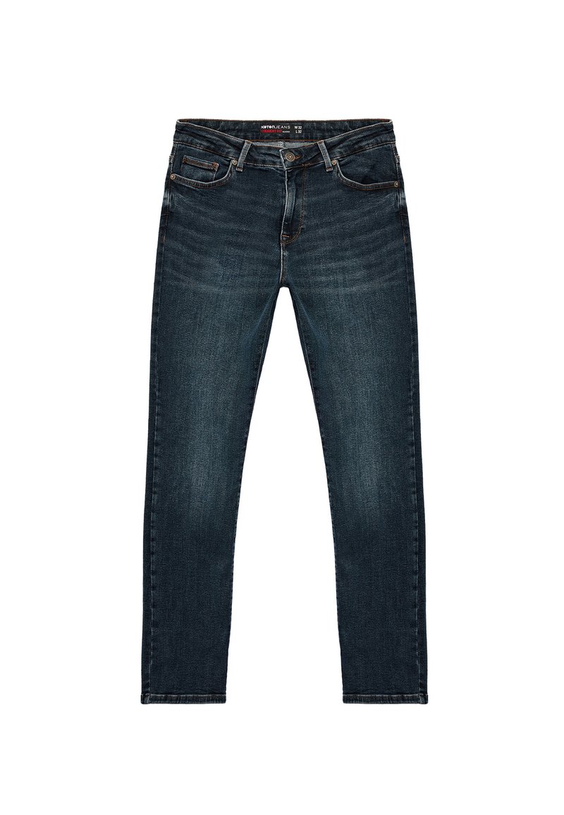 Jeans de mezclilla azul oscuro con un corte ajustado. Incluye cinco bolsillos, un cierre de botón y un ligero desgaste en las piernas.