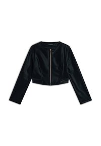 Giacca cropped nera realizzata in materiale liscio, con zip frontale dorata, maniche lunghe e un sottile accento con logo all'orlo.
