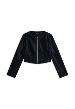Giacca cropped nera realizzata in materiale liscio, con zip frontale dorata, maniche lunghe e un sottile accento con logo all'orlo.