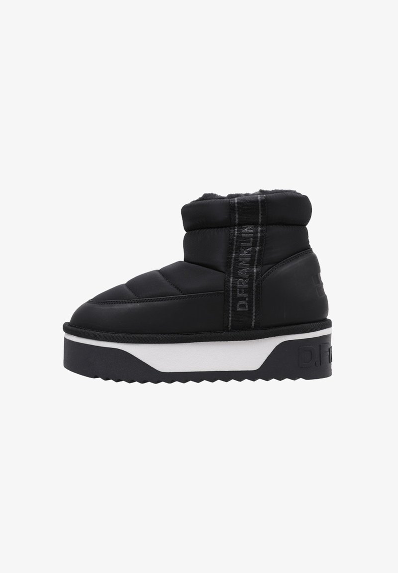 Botas de tobillo acolchadas negras con suela gruesa blanca, con un upper texturizado y acentos de marca en el lateral y la parte trasera.