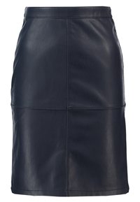 Černá kožená tužková sukně s hladkou strukturou, se rovnou siluetou a horizontálními švy v oblasti pasu a na okraji.