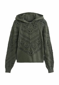 Haut à capuche en tricot vert olive avec des motifs de feuilles complexes, un corps texturé et un ourlet côtelé. Dispose d'une capuche spacieuse et de larges manches.