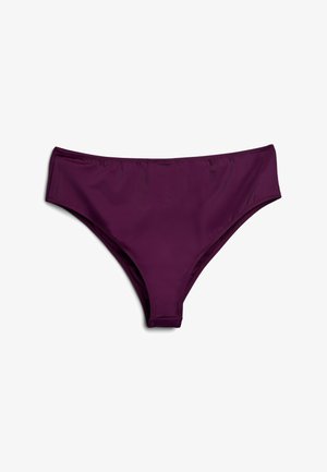 Bas de bikini violet avec une texture lisse, doté d'un design taille mi-haute et d'une ceinture élastique pour le confort et l'ajustement. Pas de motifs visibles.