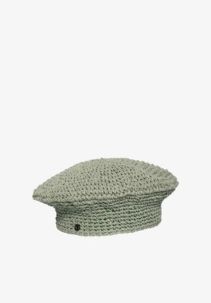 Hellgrau-grünes, gestricktes Barett mit strukturiertem Stichmuster und kleinem dunklem Knopfdetail an der Seite.