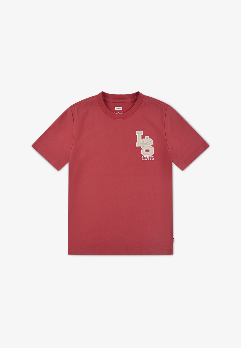 Rotes Baumwoll-T-Shirt mit Rundhalsausschnitt, kurzen Ärmeln und einem beigen Logo "LS" mit "LEVI'S" darunter auf der linken Brust.