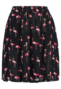 Jupe noire ornée d'un motif de flamants roses, avec une ceinture élastique et un tissu léger, idéale pour une tenue décontractée.