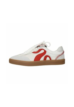 White sneaker with red swirl design, canvas upper, rubber sole, and contrasting stitching details. Laces in matching color complete the design.