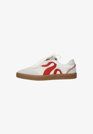 White sneaker with red swirl design, canvas upper, rubber sole, and contrasting stitching details. Laces in matching color complete the design.
