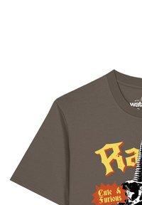 Grijs katoenen t-shirt met korte mouwen, een ronde hals en een grafisch ontwerp met vetgedrukte tekst en een illustratie in oranje en zwart.