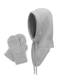 Grå strikket balaclava med blød tekstur, udstyret med ribbet bund og justerbare snore, ledsaget af matchende grå strikkede vanter.