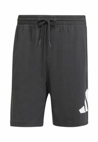 Black athletic shorts with an elastic waistband and adjustable drawstring. Features a white logo on the left leg and smooth fabric texture.