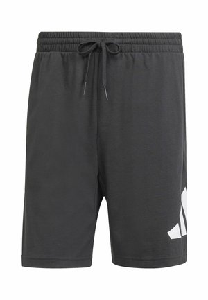 Pantalones cortos deportivos negros con cintura elástica y cordón ajustable. Presentan un logo blanco en la pierna izquierda y una textura de tela suave.