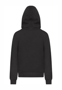 Felpa nera in cotone con cappuccio foderato, polsini e orlo a costine. Design semplice, senza loghi o motivi visibili, presenta una texture liscia.