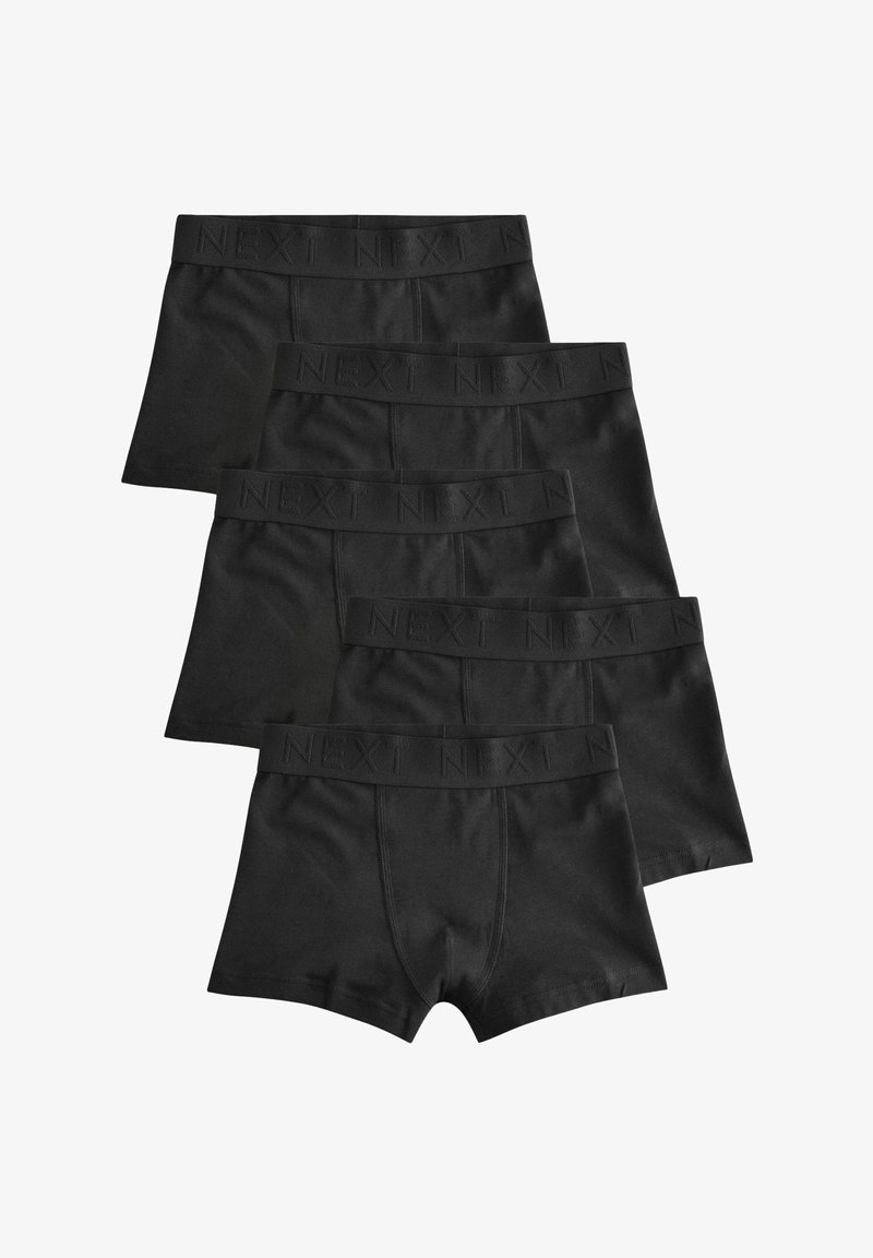 Fünf schwarze Boxershorts gestapelt, jede mit einem breiten Bund, auf dem das Wort "NEXT." geprägt ist