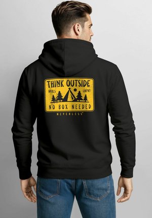 Black hoodie with a large yellow graphic reading "THINK OUTSIDE" and a camping scene. Features long sleeves and a drawstring hood.