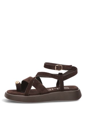 Sandalia plana de color marrón oscuro con correas gruesas, lazo para el dedo con un detalle dorado y hebilla en el tobillo sobre una suela acolchada.