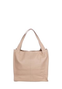 Beige leren tote bag met een textuurafwerking, voorzien van twee schouderbanden en een minimalistisch ontwerp. Strakke lijnen met subtiele stikdetails.