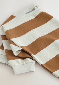 Foldet langærmet sweater med brede vandrette brune og beige striber, ribbede manchetter og halsudskæring, lagt fladt på en lys overflade.