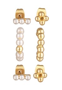 Gold- und Perlenohrringe mit glatten goldenen Kurven und Perlanpassungen in verschiedenen Anordnungen. Ein Design erinnert an eine Blume.