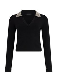 Maglione nero con scollo a V e maniche lunghe. Presenta un colletto gioiello e bottoni decorativi sui polsini. Tessuto a maglia liscia.