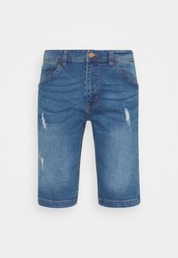 Shorts en denim de couleur bleu moyen avec un aspect délavé. Présente des détails usés et un design classique à cinq poches. Coupe droite.