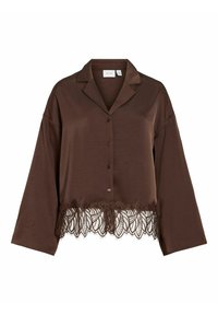 Brun bluse med satengfinish, med knappelukking og lange ermer. Blonder ved kanten gir et dekorativt element.